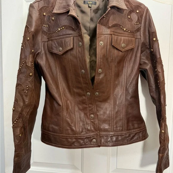 Reba Chocolate Leather Jacket with Stud Accents - Picture 1 of 3